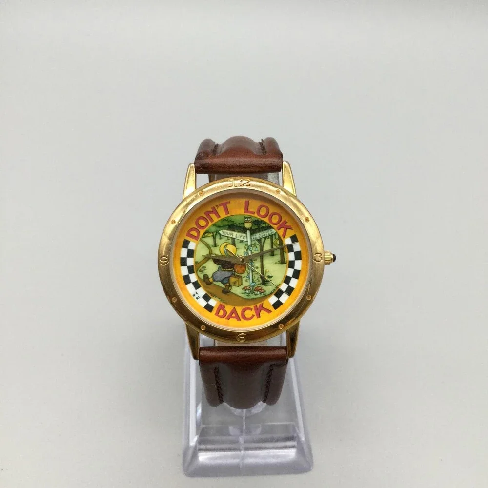 One In A Million Mens Watch 34mm Don't Look Back Gold Tone Leather New Battery